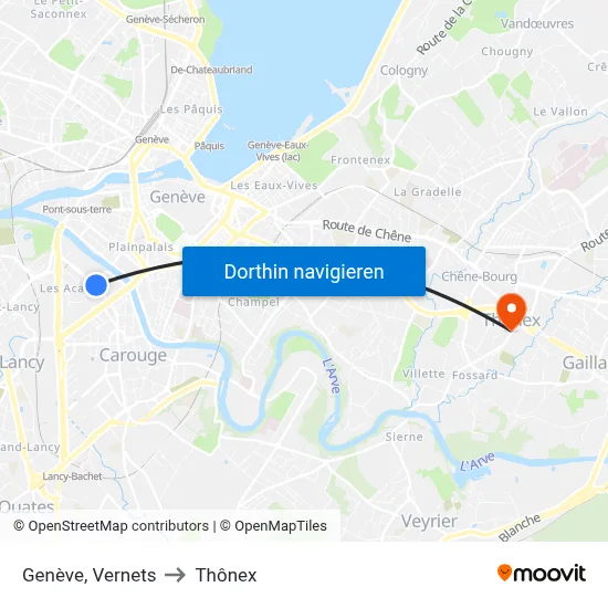 Genève, Vernets to Thônex map