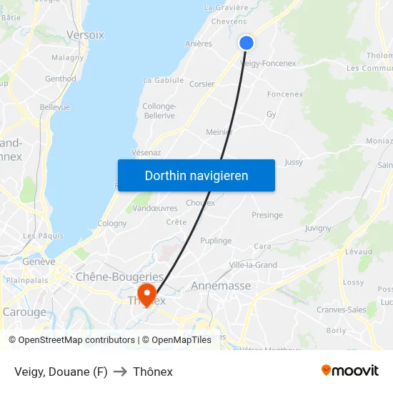 Veigy, Douane (F) to Thônex map