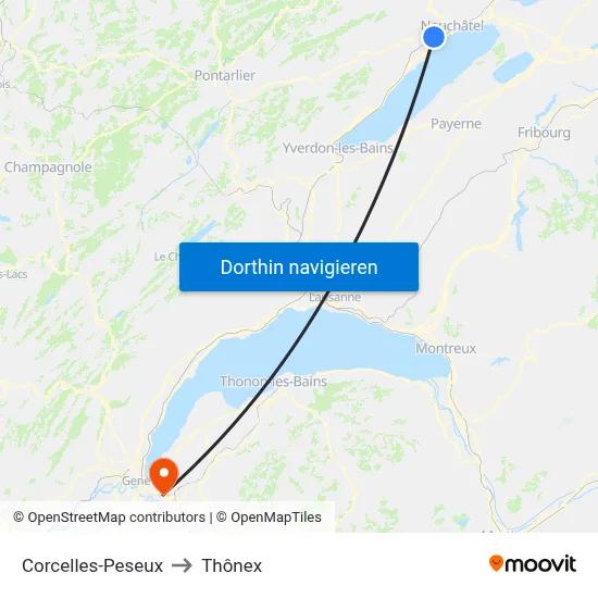 Corcelles-Peseux to Thônex map