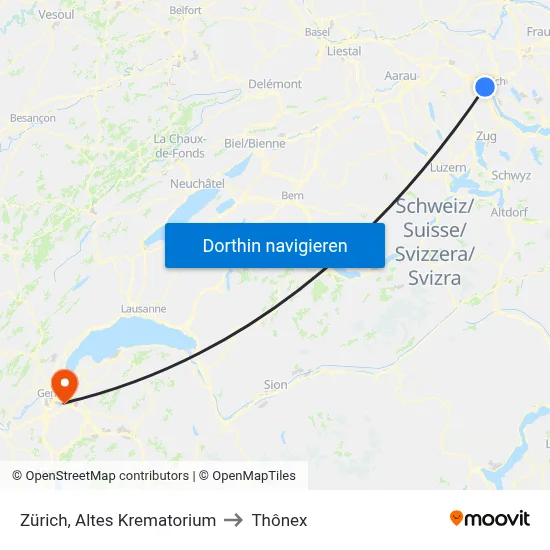 Zürich, Altes Krematorium to Thônex map