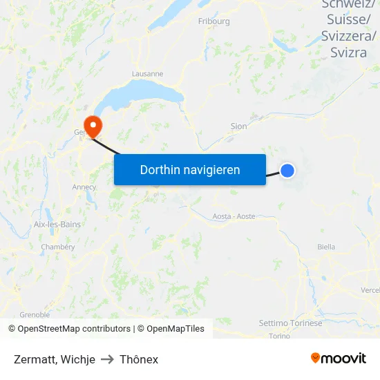 Zermatt, Wichje to Thônex map