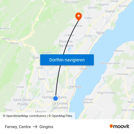 Ferney, Centre to Gingins map