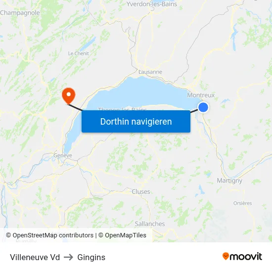 Villeneuve Vd to Gingins map