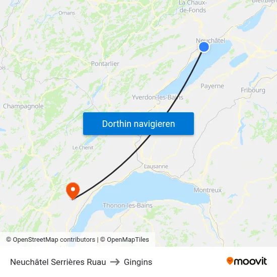 Neuchâtel Serrières Ruau to Gingins map