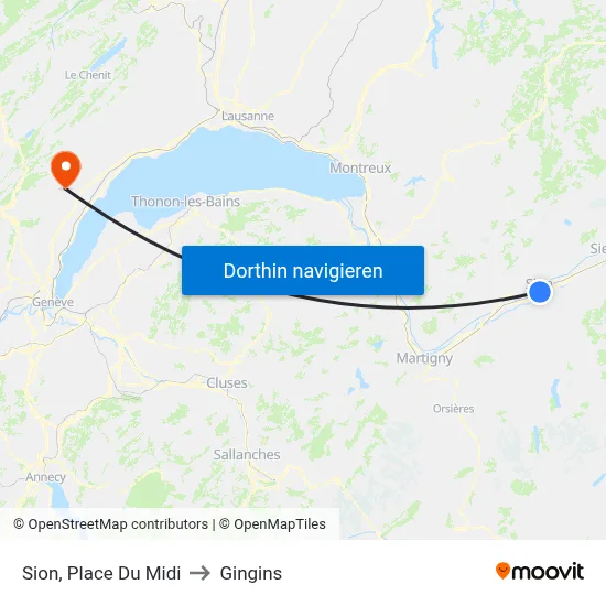 Sion, Place Du Midi to Gingins map
