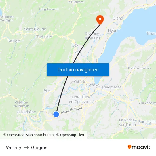 Valleiry to Gingins map