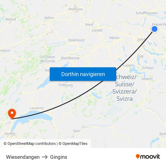 Wiesendangen to Gingins map