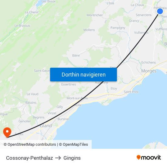 Cossonay-Penthalaz to Gingins map