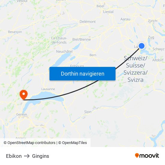 Ebikon to Gingins map