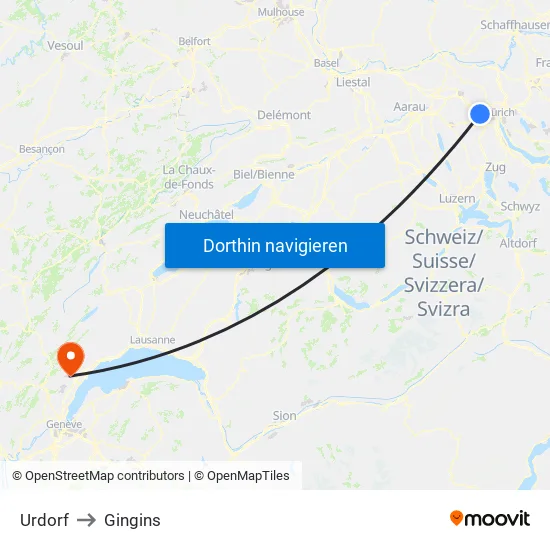 Urdorf to Gingins map