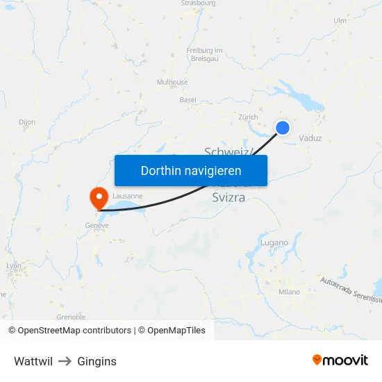 Wattwil to Gingins map