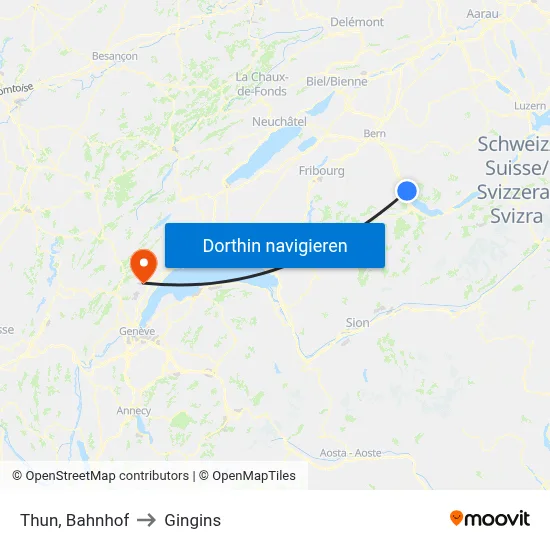 Thun, Bahnhof to Gingins map