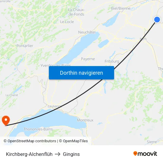 Kirchberg-Alchenflüh to Gingins map