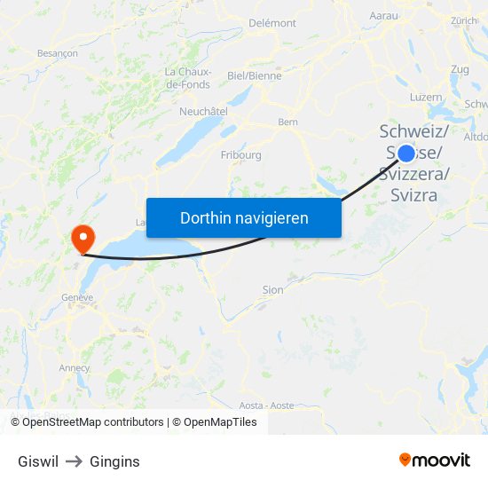 Giswil to Gingins map