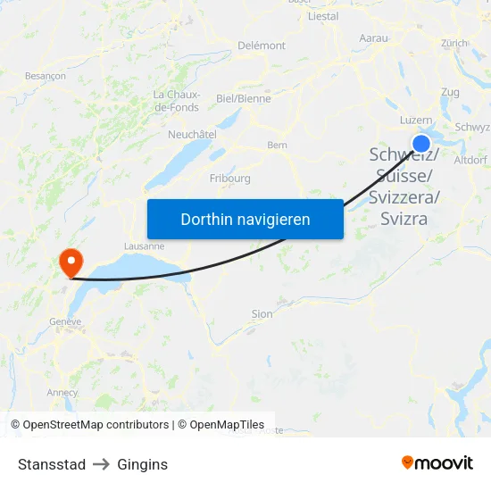 Stansstad to Gingins map