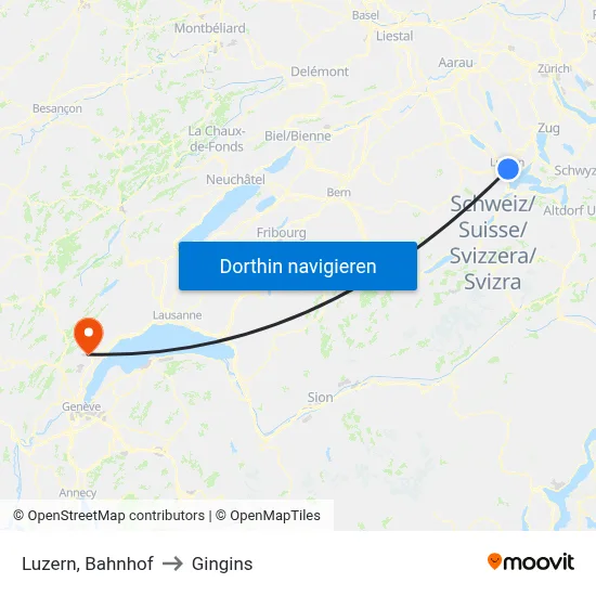 Luzern, Bahnhof to Gingins map