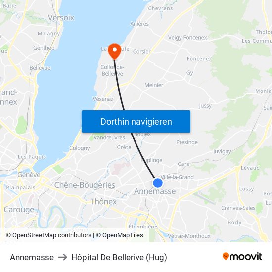 Annemasse to Hôpital De Bellerive (Hug) map