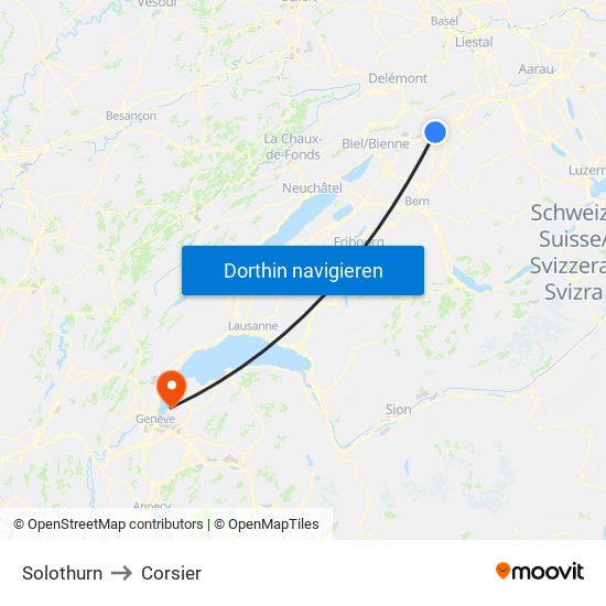 Solothurn to Corsier map