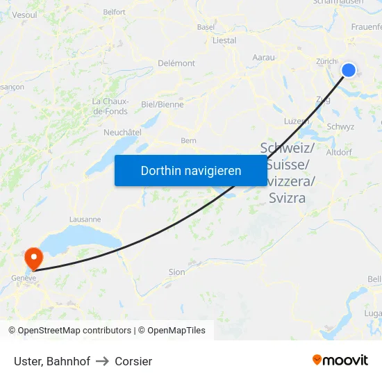 Uster, Bahnhof to Corsier map