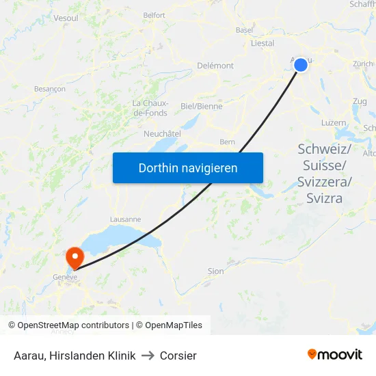Aarau, Hirslanden Klinik to Corsier map