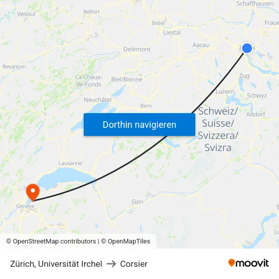 Zürich, Universität Irchel to Corsier map