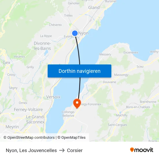 Nyon, Les Jouvencelles to Corsier map