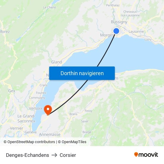 Denges-Echandens to Corsier map