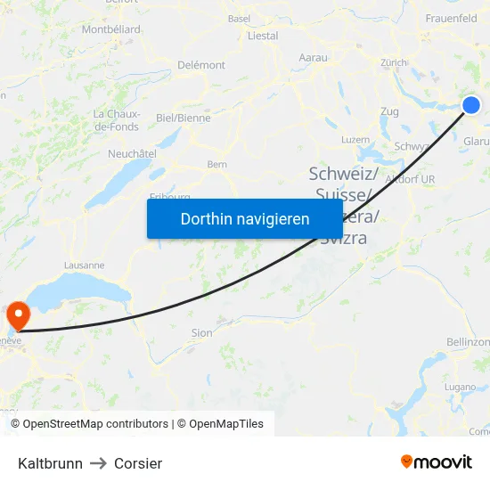 Kaltbrunn to Corsier map