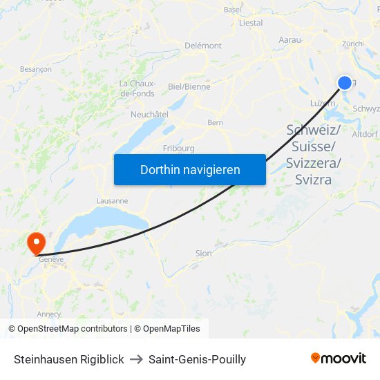 Steinhausen Rigiblick to Saint-Genis-Pouilly map