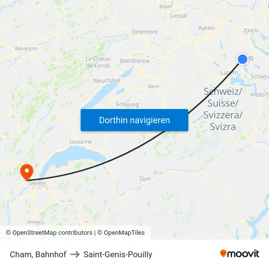 Cham, Bahnhof to Saint-Genis-Pouilly map