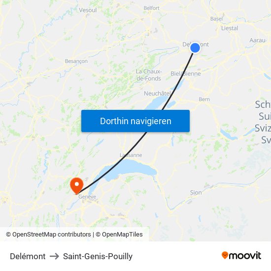 Delémont to Saint-Genis-Pouilly map