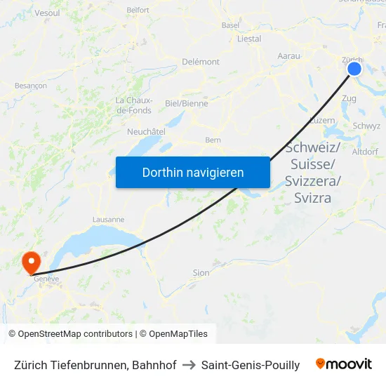 Zürich Tiefenbrunnen, Bahnhof to Saint-Genis-Pouilly map
