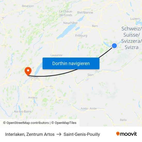 Interlaken, Zentrum Artos to Saint-Genis-Pouilly map