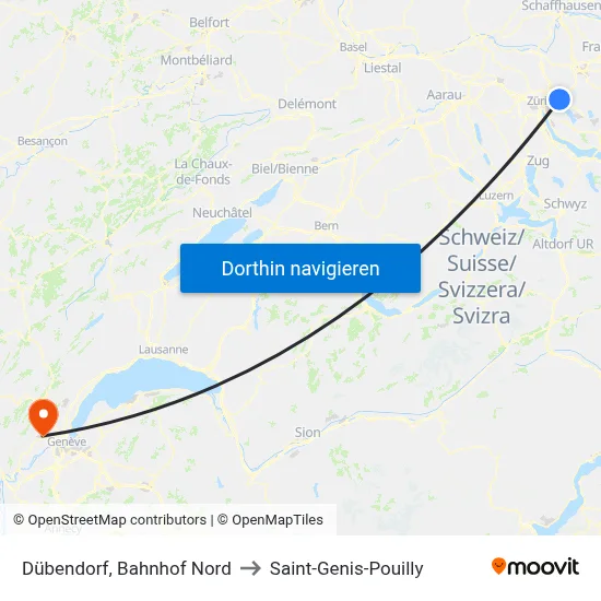Dübendorf, Bahnhof Nord to Saint-Genis-Pouilly map