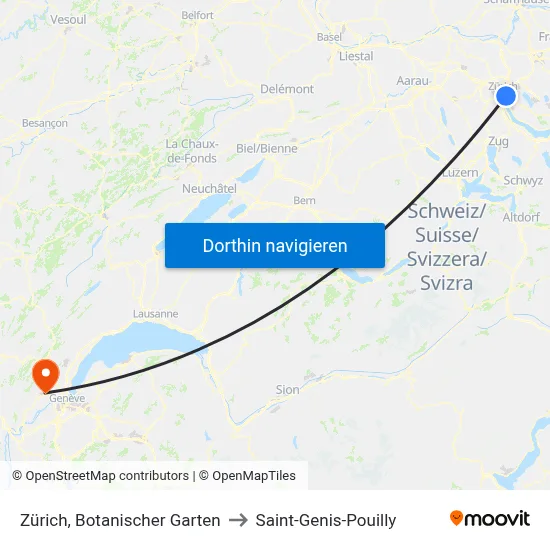 Zürich, Botanischer Garten to Saint-Genis-Pouilly map