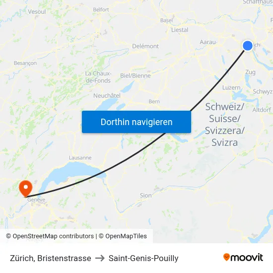 Zürich, Bristenstrasse to Saint-Genis-Pouilly map
