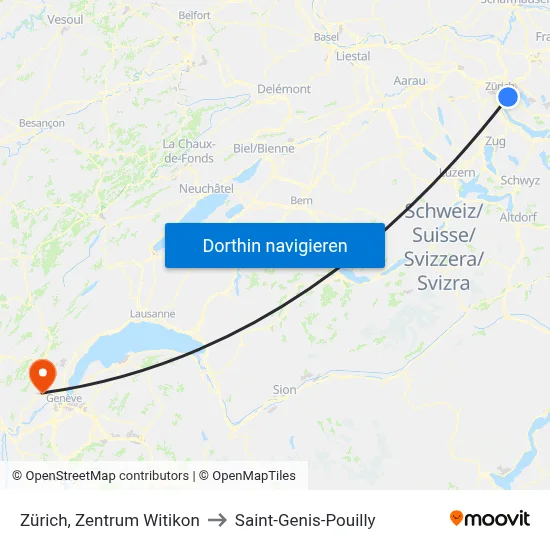 Zürich, Zentrum Witikon to Saint-Genis-Pouilly map