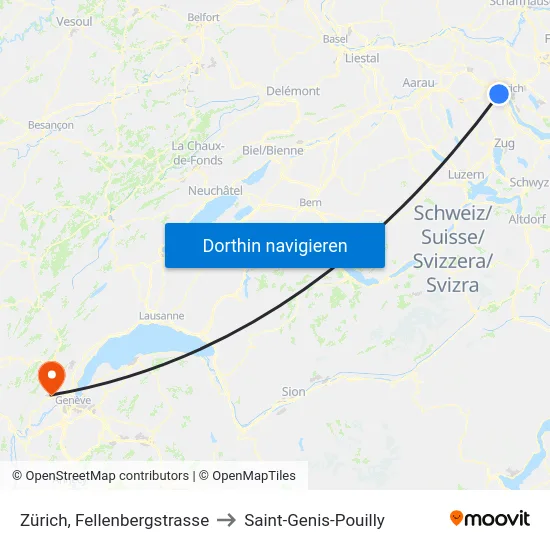 Zürich, Fellenbergstrasse to Saint-Genis-Pouilly map