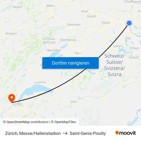 Zürich, Messe/Hallenstadion to Saint-Genis-Pouilly map