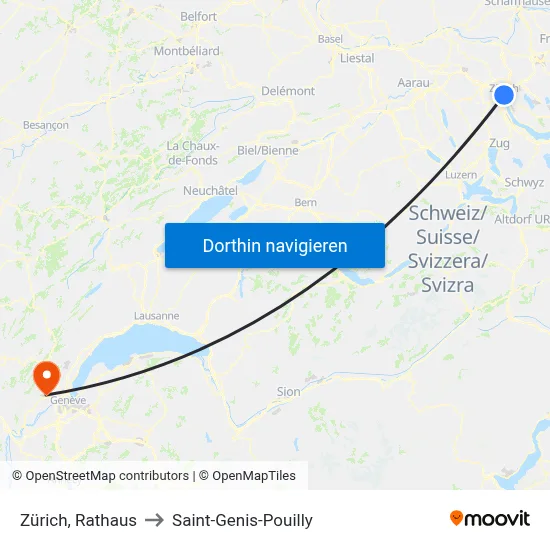 Zürich, Rathaus to Saint-Genis-Pouilly map