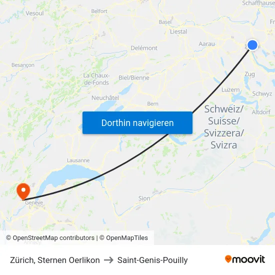 Zürich, Sternen Oerlikon to Saint-Genis-Pouilly map
