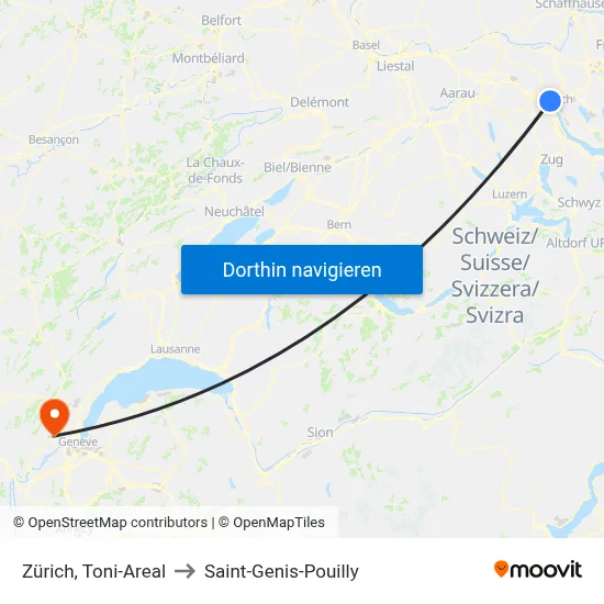 Zürich, Toni-Areal to Saint-Genis-Pouilly map