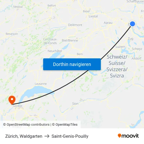 Zürich, Waldgarten to Saint-Genis-Pouilly map