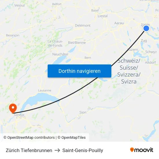 Zürich Tiefenbrunnen to Saint-Genis-Pouilly map