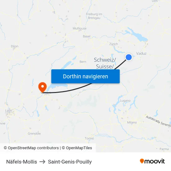 Näfels-Mollis to Saint-Genis-Pouilly map
