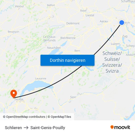 Schlieren to Saint-Genis-Pouilly map