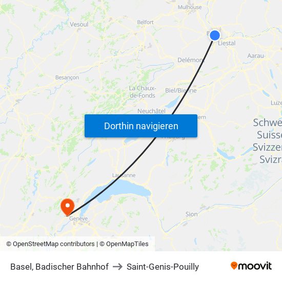 Basel, Badischer Bahnhof to Saint-Genis-Pouilly map