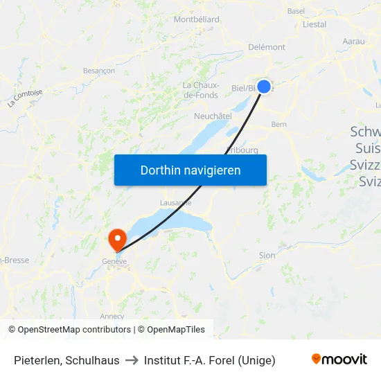 Pieterlen, Schulhaus to Institut F.-A. Forel (Unige) map