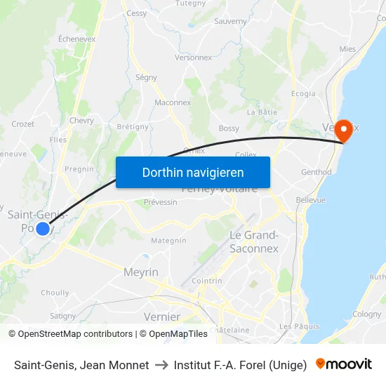 Saint-Genis, Jean Monnet to Institut F.-A. Forel (Unige) map