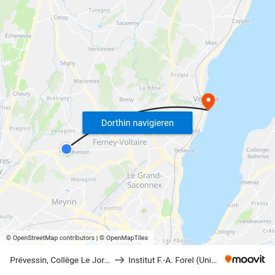 Prévessin, Collège Le Joran to Institut F.-A. Forel (Unige) map